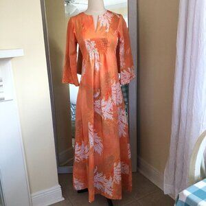 Vintage Andrade Maxi Hostess Dress Small Soft Orange Leaf Print Flare Sleeves